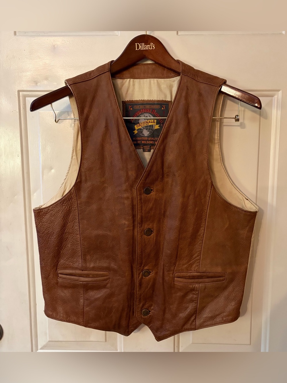 VTG Wilsons Adventure Bound Leather Vest Brown Button Front Cotton Lined Size M